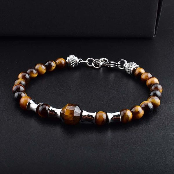 

european vintage face-cut natural tiger eye beaded bracelet men stainless steel metal chain bracelets for men, Golden;silver