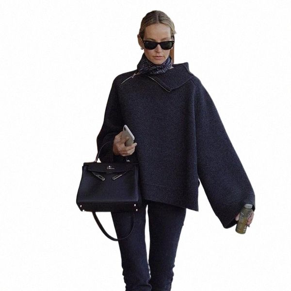 

women's sweaters women's sweaters style side neck oblique zipper women wool sweater loose version lazy simple temperament knitted, White;black