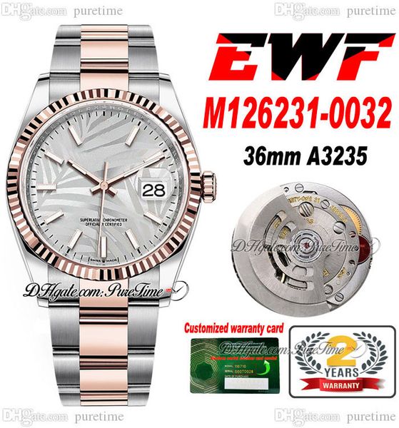 

ewf just 126231 a3235 automatic watch mens ladies 36 two tone rose gold silver palm motif dial oystersteel bracelet super edition same serie, Slivery;brown