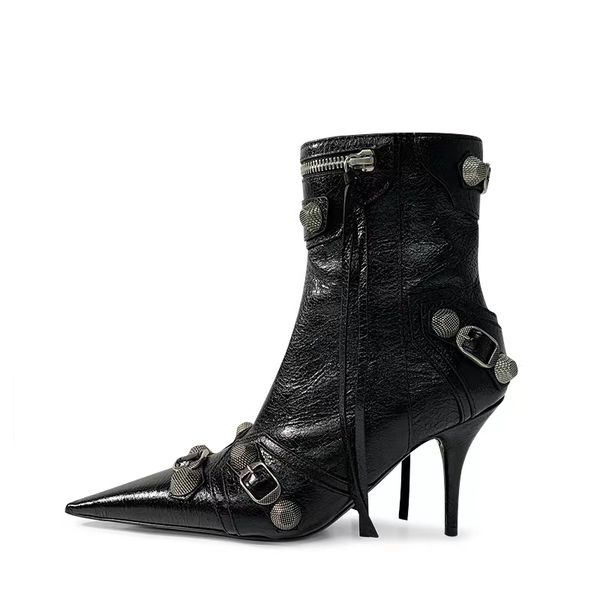 

2023 cagole sheepskin boots belt buckle decorative side zipper locomotive pointy fashion boots high heels luxury designer women's shoes, Black