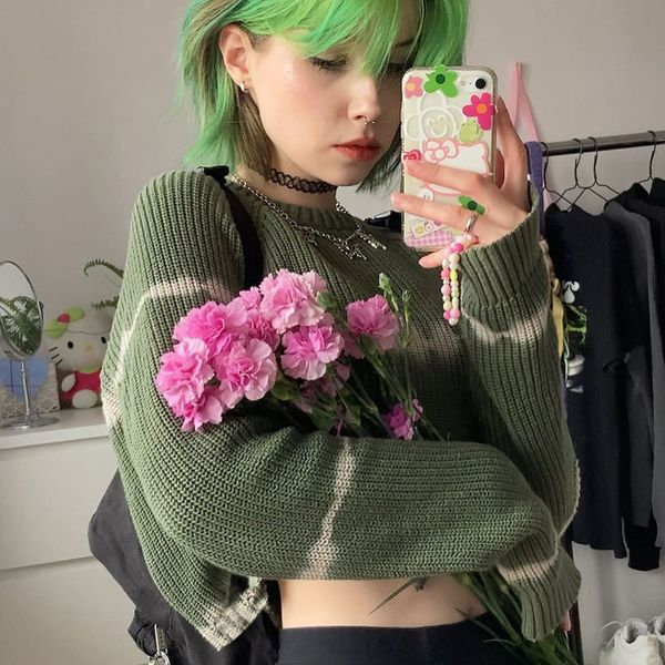 

women s sweaters natural green sweater tie dye knit short women slim slimming color matching round neck bottoming shirt pullover 220908, White;black