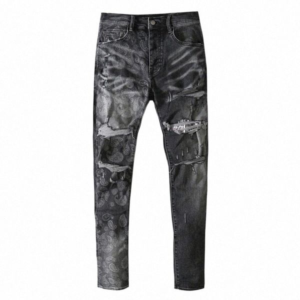 

men's jeans men's jeans men paisley bandanna printed streetwear holes ripped stretch denim slim skinny pencil pants trousers g9p4#, Blue