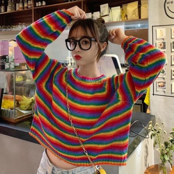 

women s sweaters harajuku streetwear o neck korean sweet rainbow striped knit pullovers female long sleeve hit color patchwork jumper 220908, White;black
