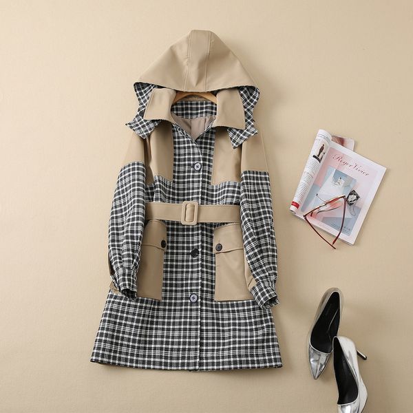

trench coats new european and american women's wear for winter 2022 long sleeve hooded stitching plaid fashion belt trench coat xxl, Tan;black