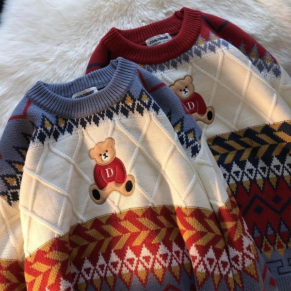 

women s sweaters autumn arrived sweater women fashion pullover cartoon bear chic vintage knitted loose casual o neck patchwork outwear 2209, White;black