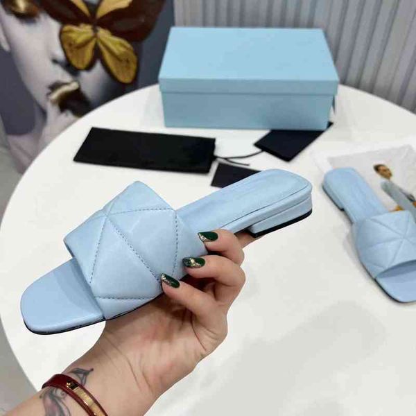 

women summer slippers slipper sqaure toe genuine leather quilted mule shoes triangle buckle designer sliders 1z1e, Black