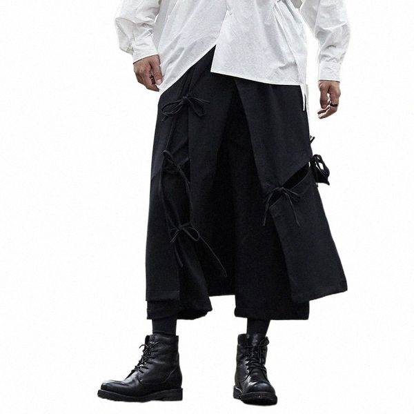 

men's pants men's pants men ribbon splice loose casual black wide leg pan male japan streetwear hip hop gothic punk harem trousers