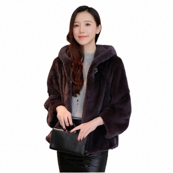 

women's fur & faux fur women's fur & faux milk coat ladies short winter warm hooded fake jacket long sleeves 6xl 7xl 8xl 9xl jacke, Black