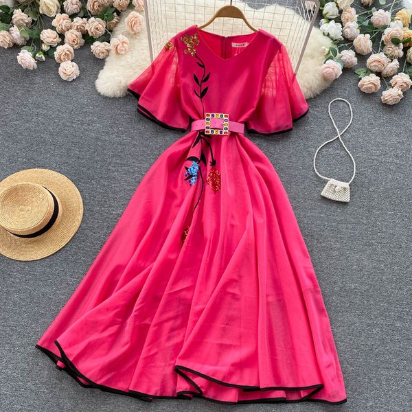 

new casual dresses summer floral print slim short lady dress a line v neck chiffon pullover mid-calf high waist women dresses 2023, Black;gray