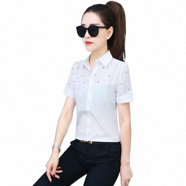 

women's blouses & shirts korean fashion polka dot chiffon women blouses summer short sleeve office lady shirt and blouse plus size xxxl, White