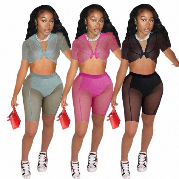

women's tracksuits women's tracksuits summer patchwork short tracksuit women 2022 sheer mesh bandage tie crop biker shorts two pie, Gray