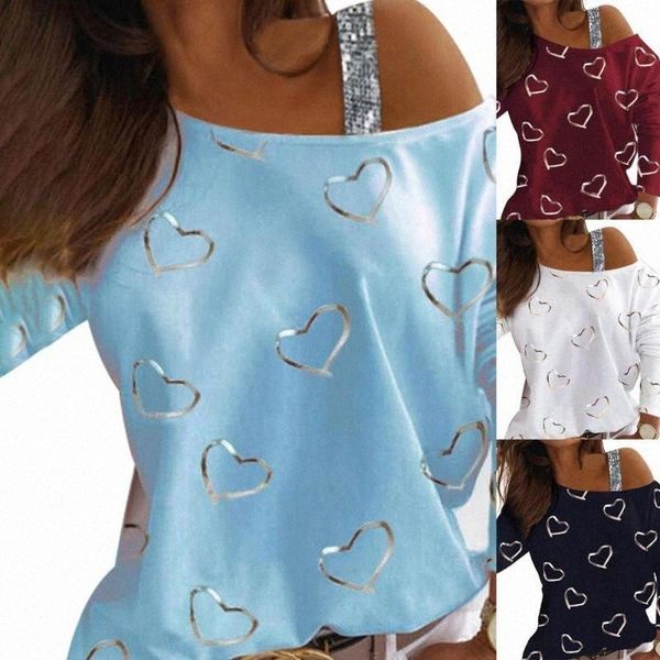 

women's t-shirt women's t-shirt women t- shirts summer long sleeve heart shape print gold stamping shiny sequins one shoulder pull, White