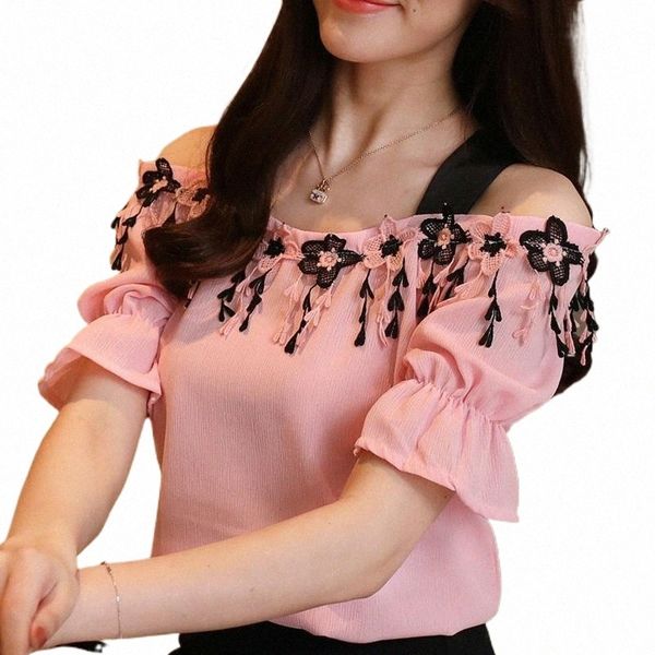 

women's blouses & shirts women's blouses & shirts 2021 summer women short sleeve floral appliques chiffon blouse slash neck casual, White