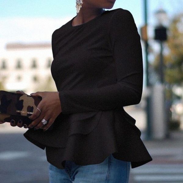 

women's t-shirt women's t-shirt long sleeve white ruffle hem autumn women office lady winter casual peplum elegant black red fema