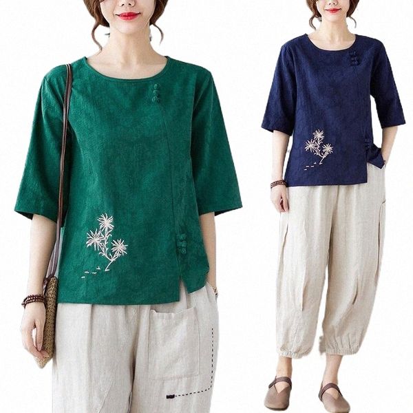 

women's t-shirt women's t-shirt national style t shirt 2022 summer cotton coil button embroidery half sleeve tee large casual shor, White