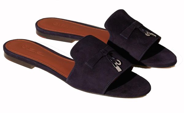 

realfine slippers 5a lp loropiana suede summer charms sandal mules sandals for women size 34-43, Black