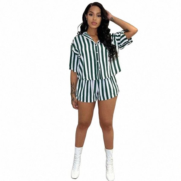 

women's tracksuits women's tracksuits summer lapel short sleeve striped shirt with shorts home leisure fashion women suit wholesal, Gray