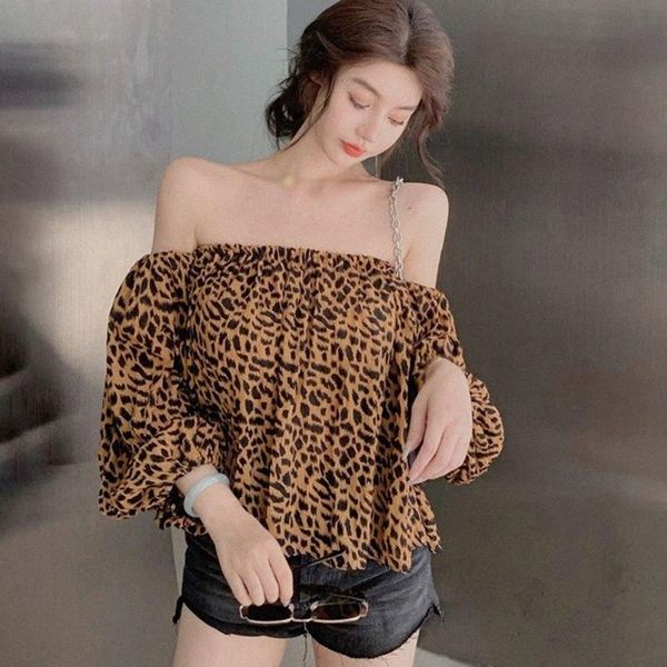 

women's blouses & shirts women blouses korean leopard print camisa slash neck loose bubble long-sleeved chiffon shirt women's & sh, White