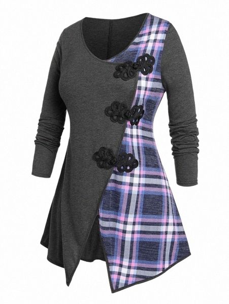 

women's t-shirt women's t-shirt plus size front slit plaid frog button split tee patchwork female pullover women t-shirts x0yp#, White