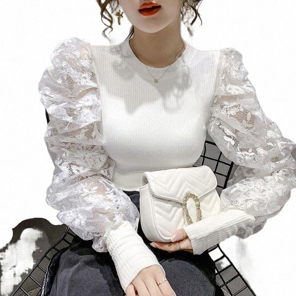 

women's blouses & shirts spring autumn korean style women hollow out mesh blouse floral lace patchwork shirts female puff sleeve blouse, White