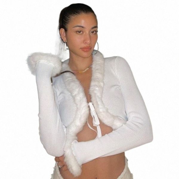 

women's t-shirt women's t-shirt women t-shirts fall winter solid long sleeve v-neck split cardigan with fur trim ladies ribbed sli, White