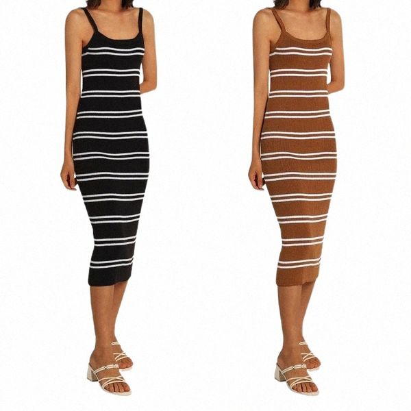 

casual dresses casual dresses 2022 style women low-cut striped midi dress ladies sleeveless high waist knitted long for summer quality w84j#, Black;gray