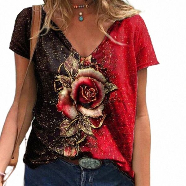 

women's t-shirt women's t-shirt 3d rose flower print women t shirt 2022 summer casual short sleeve v-neck loose oversized ladies, White