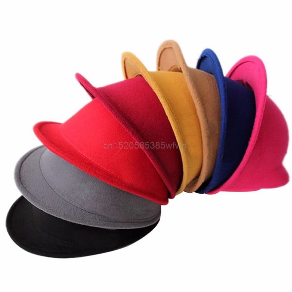

cute winter cat ear wool felt fedora hat girl boy kid children derby bowler cap factory cost wholesale, Yellow