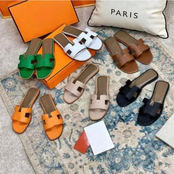 

2022 fashion sandals genuine leather women slippers summer luxury flat slides ladies beach sandal party wedding slipper wit274w, Black