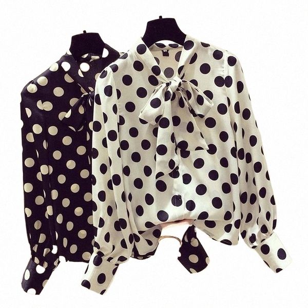 

women's blouses & shirts vintage blouse women lantern sleeve casual polka dot shirt plus size stylish tunic fashion stand collar bow ti, White