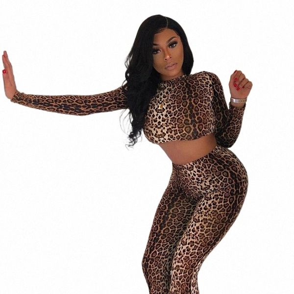 

women's tracksuits women's seamless leopard print sport 2-piece set long sleeve crew neck crop pants 2021 tracksuits t6u3#, Gray