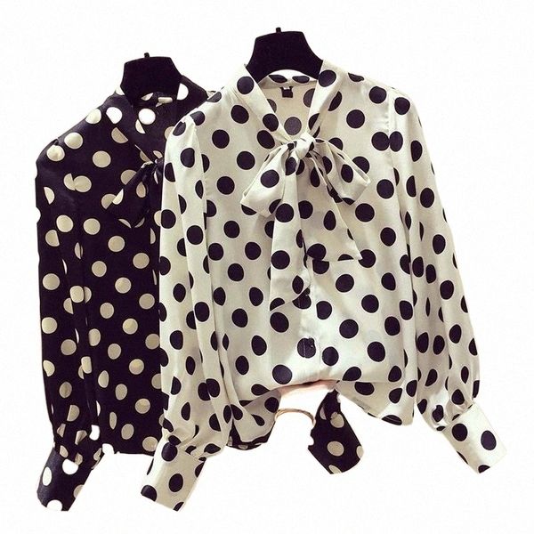 

women's blouses & shirts vintage blouse women lantern sleeve casual polka dot shirt plus size stylish tunic fashion stand collar bow ti, White