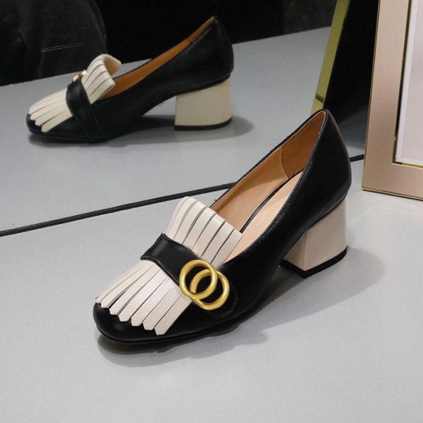 

boat shoe designer shoes high heels women dress shoes classic mid heeled womens leather thick heel round head metal button 100% cowhide, Black