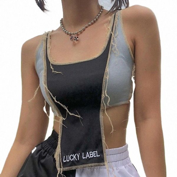 

women's tanks & camis women's tanks & camis streetwear casual female basic tank letter embroidery patchwork women square collar kn, White
