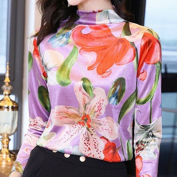 

women's blouses & shirts blouse women blusas mujer de moda 2021 winter long sleeve turtleneck velour shirt print clothing blusa e83 wom, White