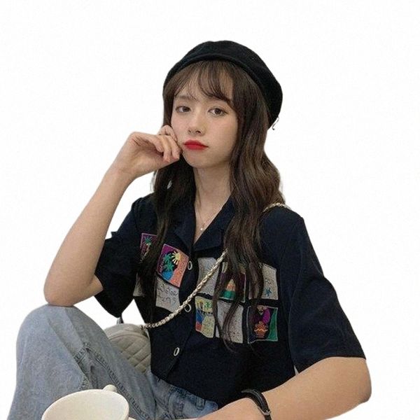 

women's blouses & shirts vintage blouse women turn down collar printed short sleeve ladies blusa shirts 2021 fashion casual button fema, White