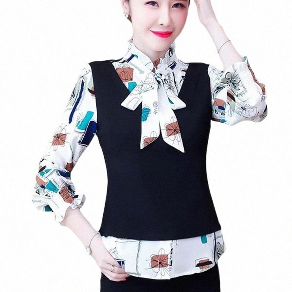 

women's blouses & shirts fashion fake two-piece women blouses korean print patchwork long sleeve blouse shirts plus size camisas mujer, White