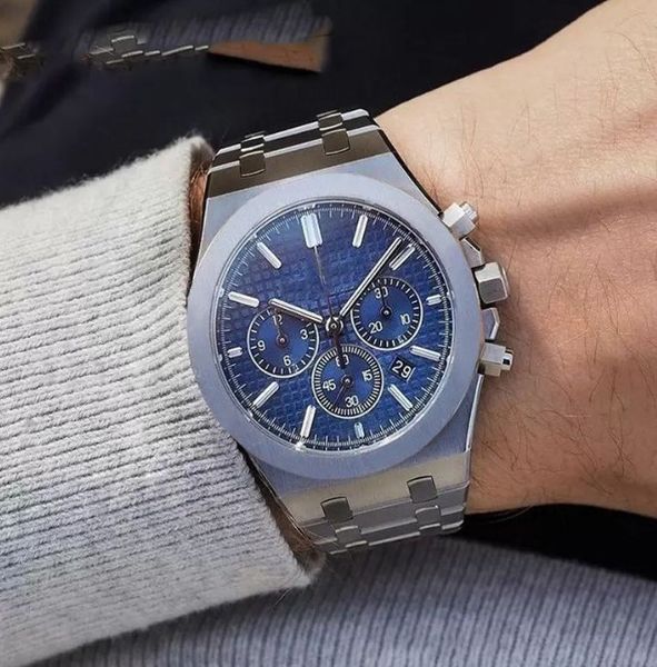 

men watches 42mm multi-function dial manual scanning quartz movement chronograph satch stainless steel making fashion men's wristwatche, Slivery;brown