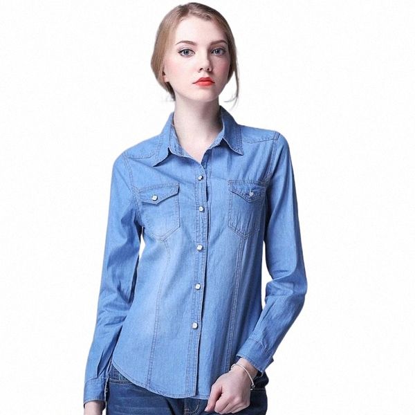 

women's blouses & shirts fashion turn-down collar single-breasted cowboy shirt women wholesale long sleeve casual denim blouse large si, White