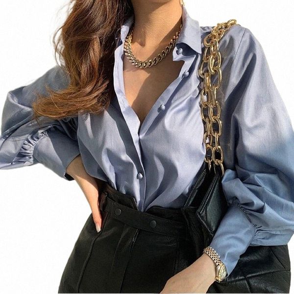 

women's blouses & shirts korean style women blouses elegant loose female long sleeve single breasted solid color casual ladies office, White