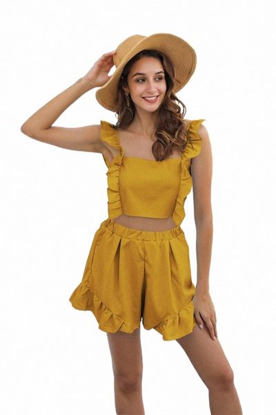 

women's tracksuits one-piece collar ruffled vest shorts two-piece halter suit women's tracksuits d5yr#, Gray