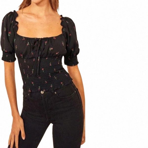 

women's blouses & shirts summer arrival floral print women shirt elasticated waist lace blouse ladies square collar slim women's b, White