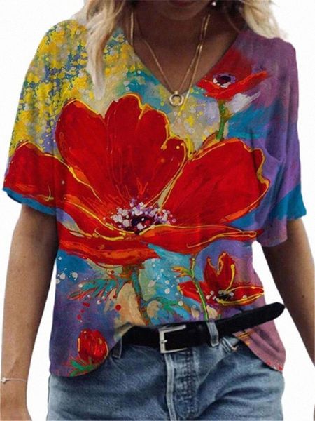 

women's t-shirt women's t-shirt women flower print 2022 summer casual short sleeve v-neck tee loose vintage street lady pullover, White