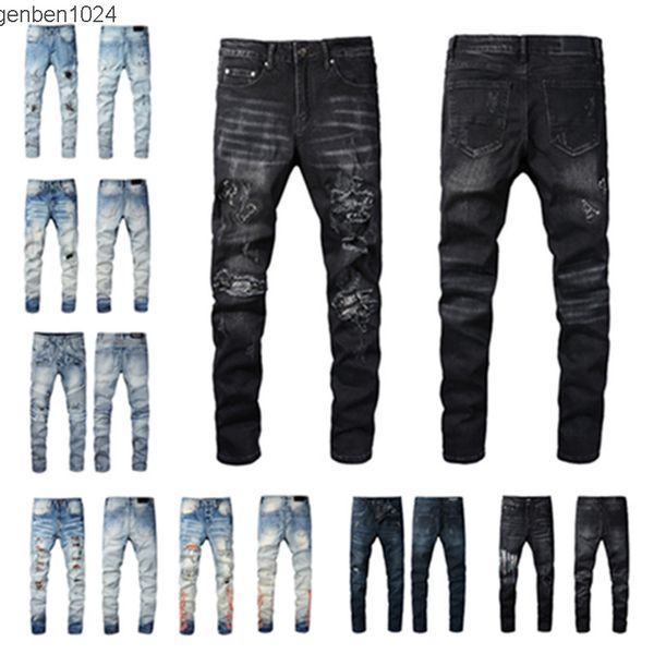

men's amirs mens designer jeans ripped denim pants luxury iri hip hop distressed zipper trousers for male, Blue