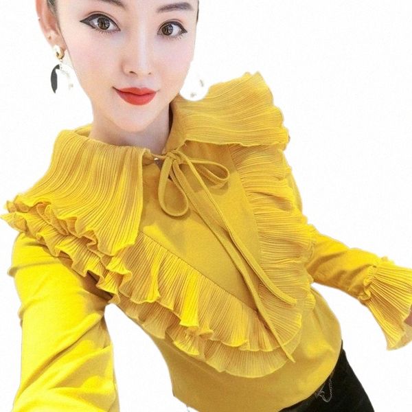

women's blouses & shirts women 2021 spring autumn ruffled chiffon female fashion long sleeve drawstring blouses ladies casual slim shi, White