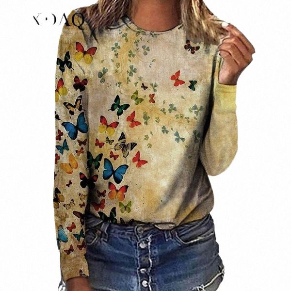

women's t-shirt women's t-shirt 2022 long sleeve women 3d butterfly print t shirt clothes autumn casual round neck female cotton f, White
