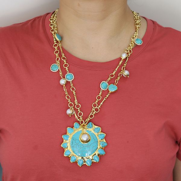 

real gems blue turquoises pendant cz heart beads sweater chain long necklace turquoise pearl paved sun flower pendant, Silver