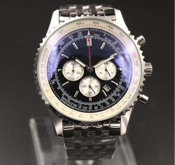 

new mens quartz watch chronograph 46mm black dial 316l silver steel strap sapphire solid strap mens sports watch, Slivery;brown
