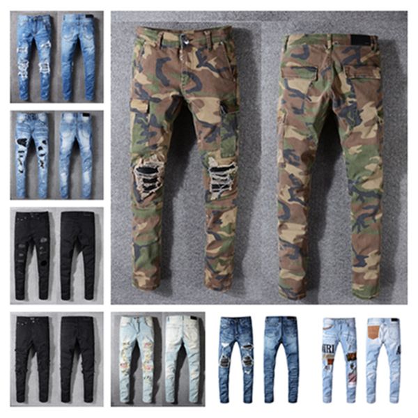 

mens designer jeans womens slim pencil pants skinny close fitting blue khaki trousers 2022ss distress rip hole denim wear for motorcycle bik