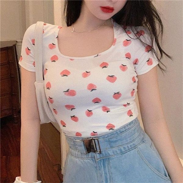 

women's t-shirt women's t-shirt square collar slim crop women casual short sleeve cute strawberry print tees summer skinny street, White
